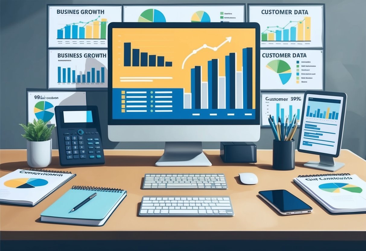 A modern office desk with a computer, phone, and notebook, surrounded by charts and graphs showing business growth and customer data