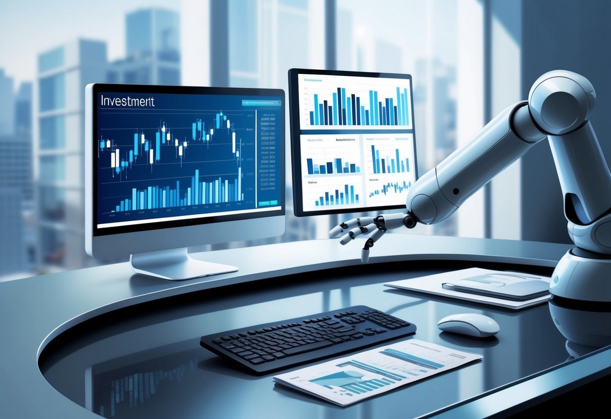 A sleek, modern office desk with a computer screen displaying investment charts and graphs. A robot arm reaches out to adjust a portfolio of stocks and bonds