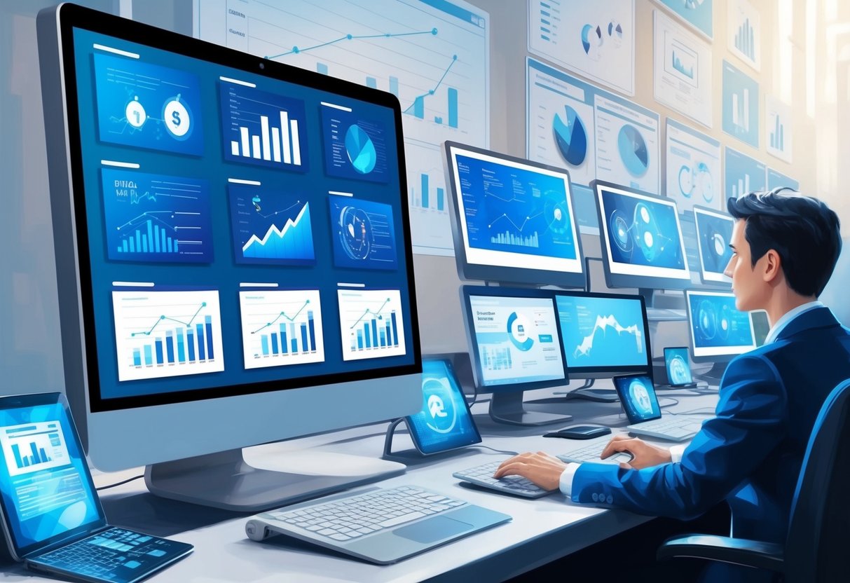 A computer screen displaying various financial charts and graphs, with a row of automated income-generating tools and software programs in the background