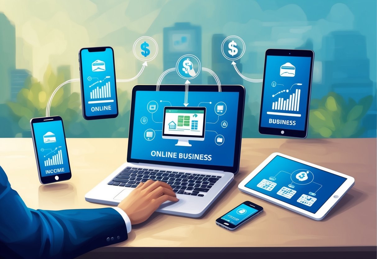 A laptop, smartphone, and tablet sit on a desk, each displaying different online business tools. A stream of income flows from each device