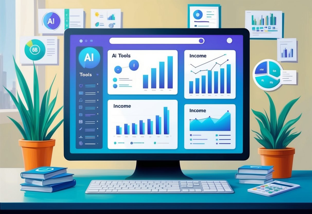 A computer screen displaying various AI tools and income graphs