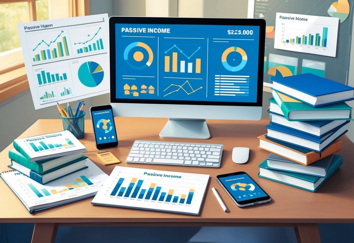 A desk with a computer, tablet, and smartphone, surrounded by charts and graphs. A stack of books on passive income sits nearby