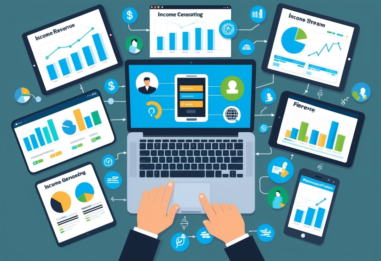 A laptop, smartphone, and tablet connected to various income-generating platforms, surrounded by charts and graphs showing automated revenue streams