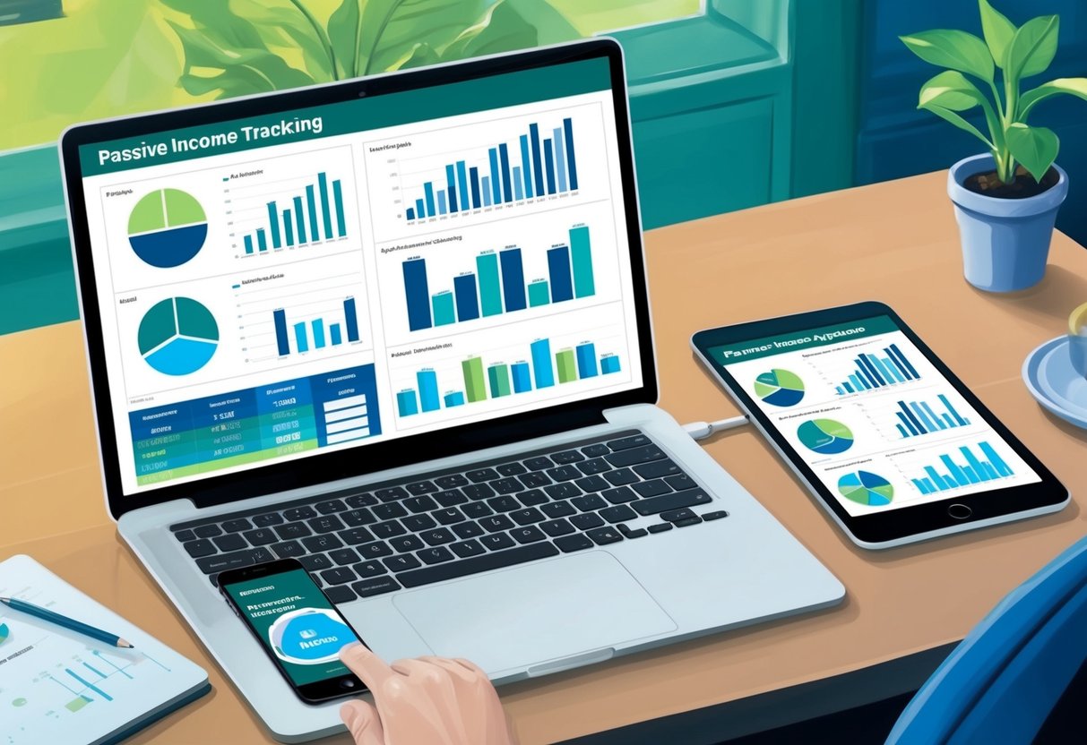 A laptop, smartphone, and tablet are arranged on a desk, displaying various passive income tracking and aggregator apps. Graphs and charts show income streams