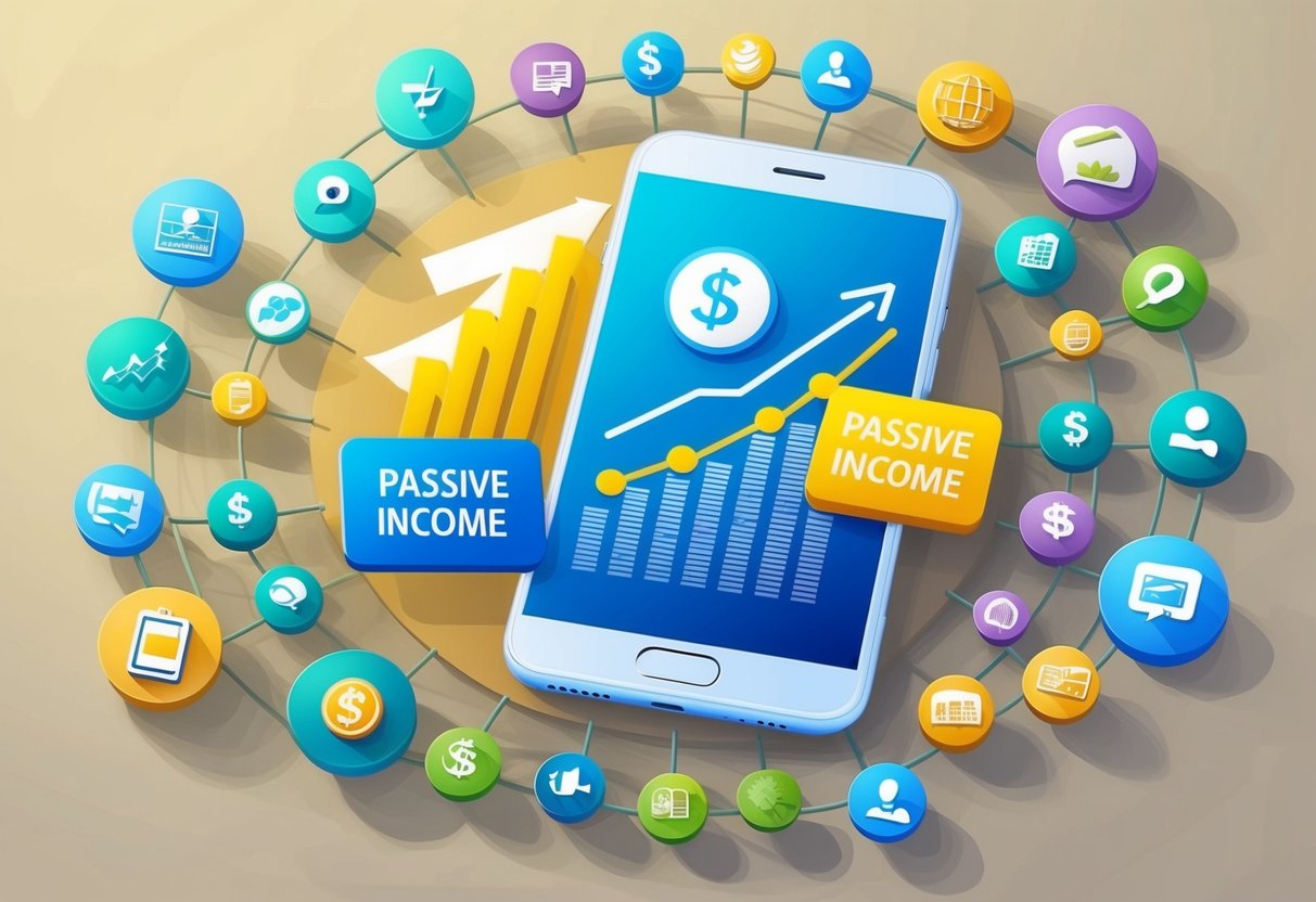 A smartphone surrounded by various icons representing different passive income streams, with a graph displaying increasing earnings