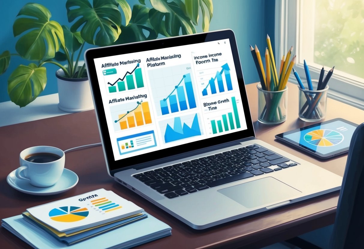 A laptop open on a desk, displaying various affiliate marketing platforms and graphs showing income growth over time