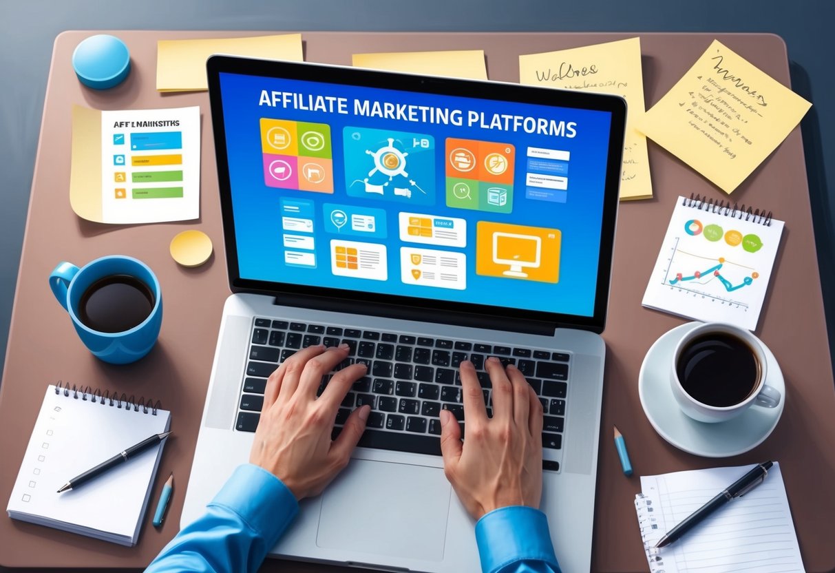 A laptop open on a desk with various affiliate marketing platforms displayed on the screen, surrounded by notes and a cup of coffee