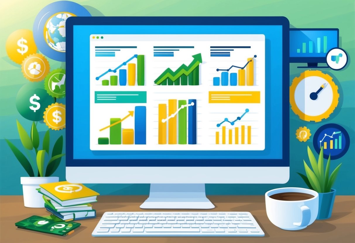 A computer screen displaying a variety of affiliate marketing platforms and automation tools, with graphs showing income growth