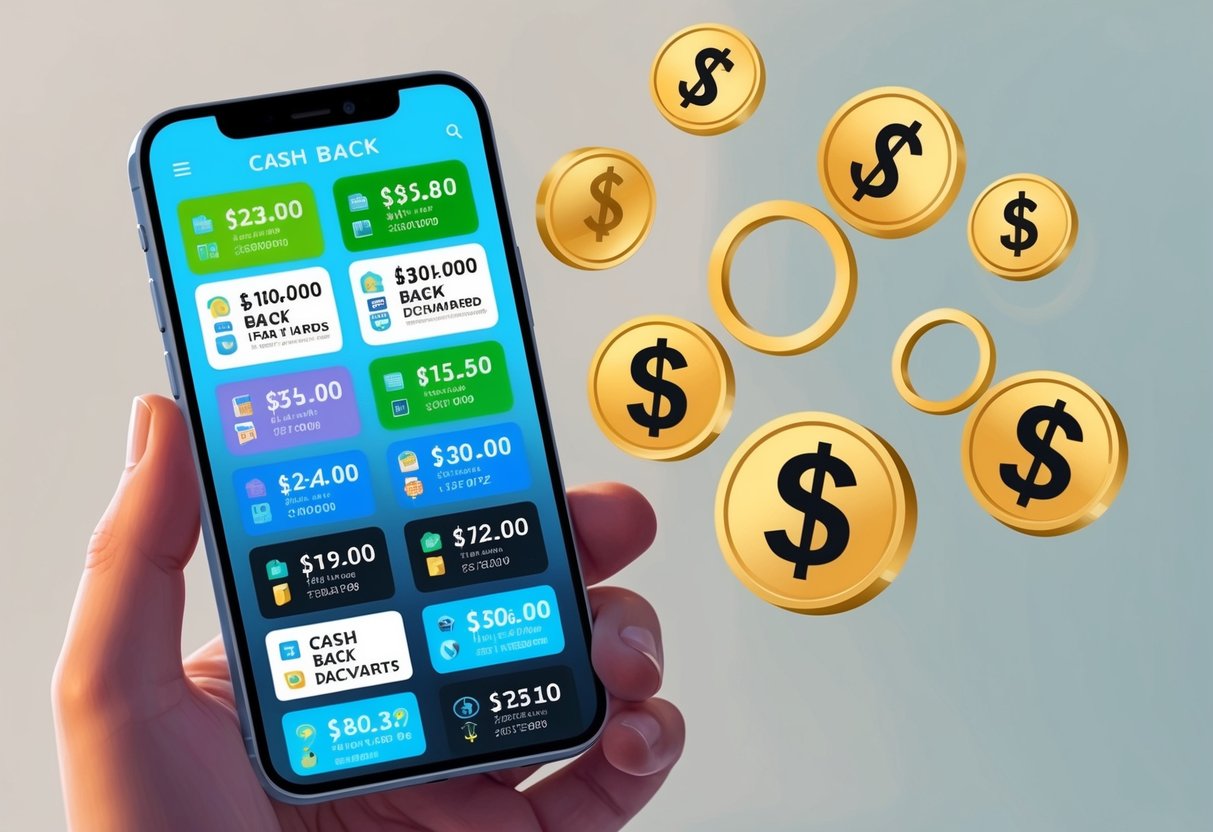 A smartphone displaying various cash back and rewards tracking apps, with money symbols floating above it