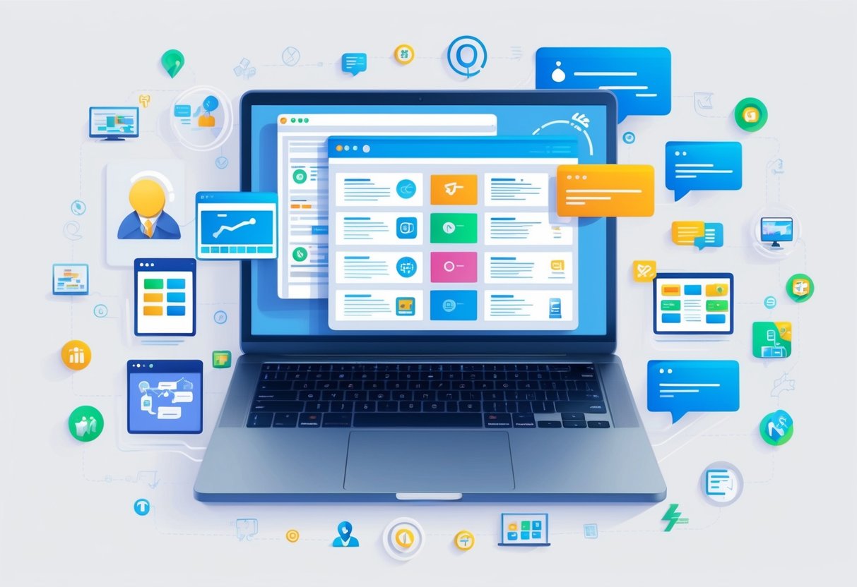 A laptop with multiple affiliate marketing platforms open, surrounded by communication and engagement icons and symbols