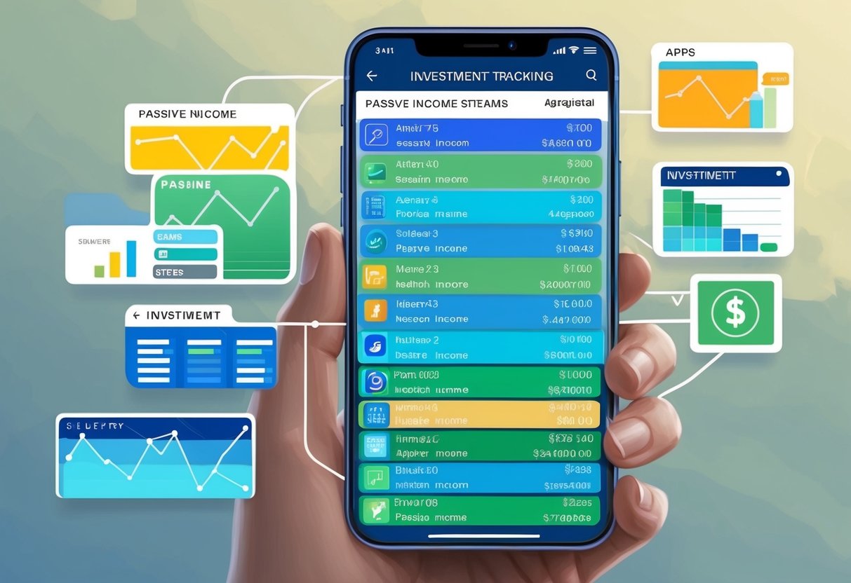A smartphone with multiple investment tracking apps displaying various passive income streams being aggregated and organized
