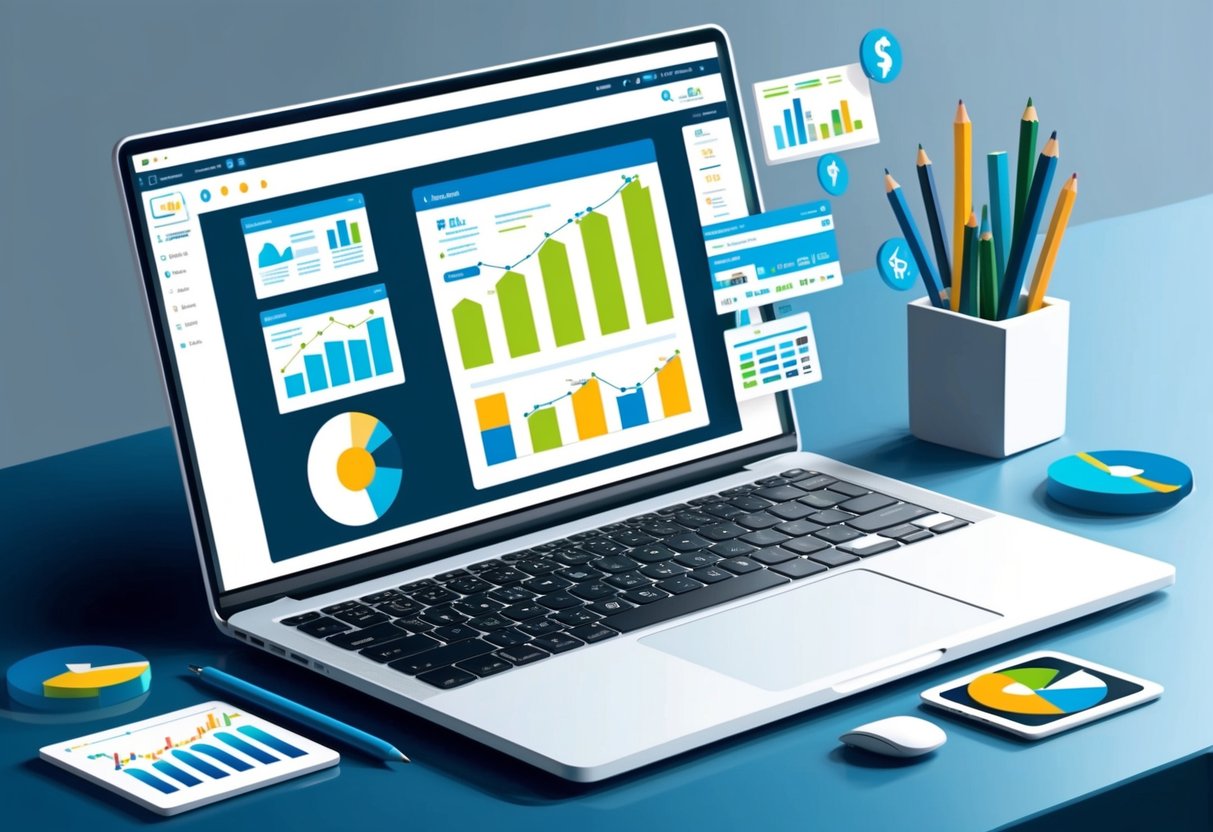 A laptop displaying various affiliate marketing platforms with performance graphs and income growth charts