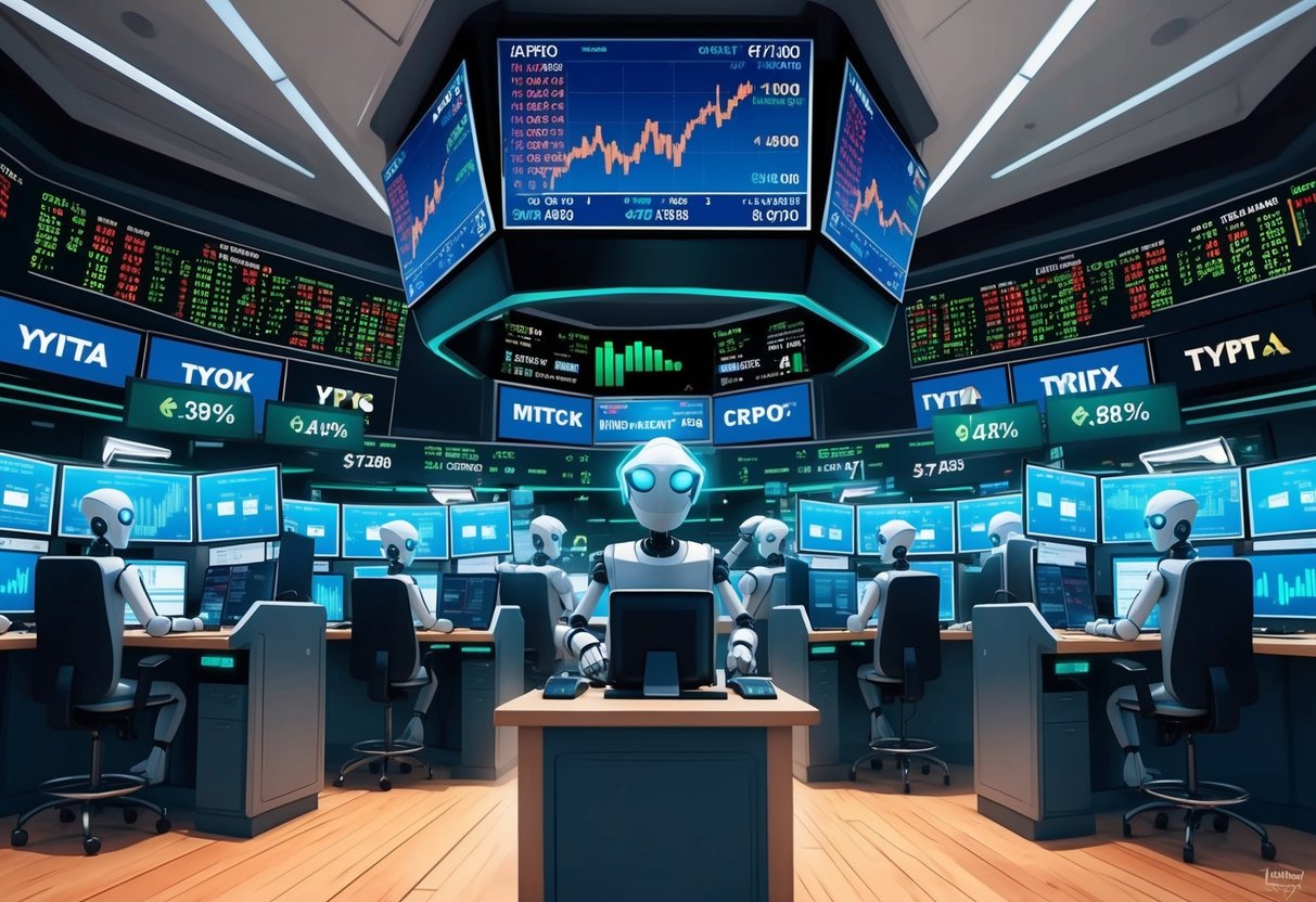 A bustling stock exchange floor with trading bots executing orders, while a digital screen displays fluctuating stock and crypto prices
