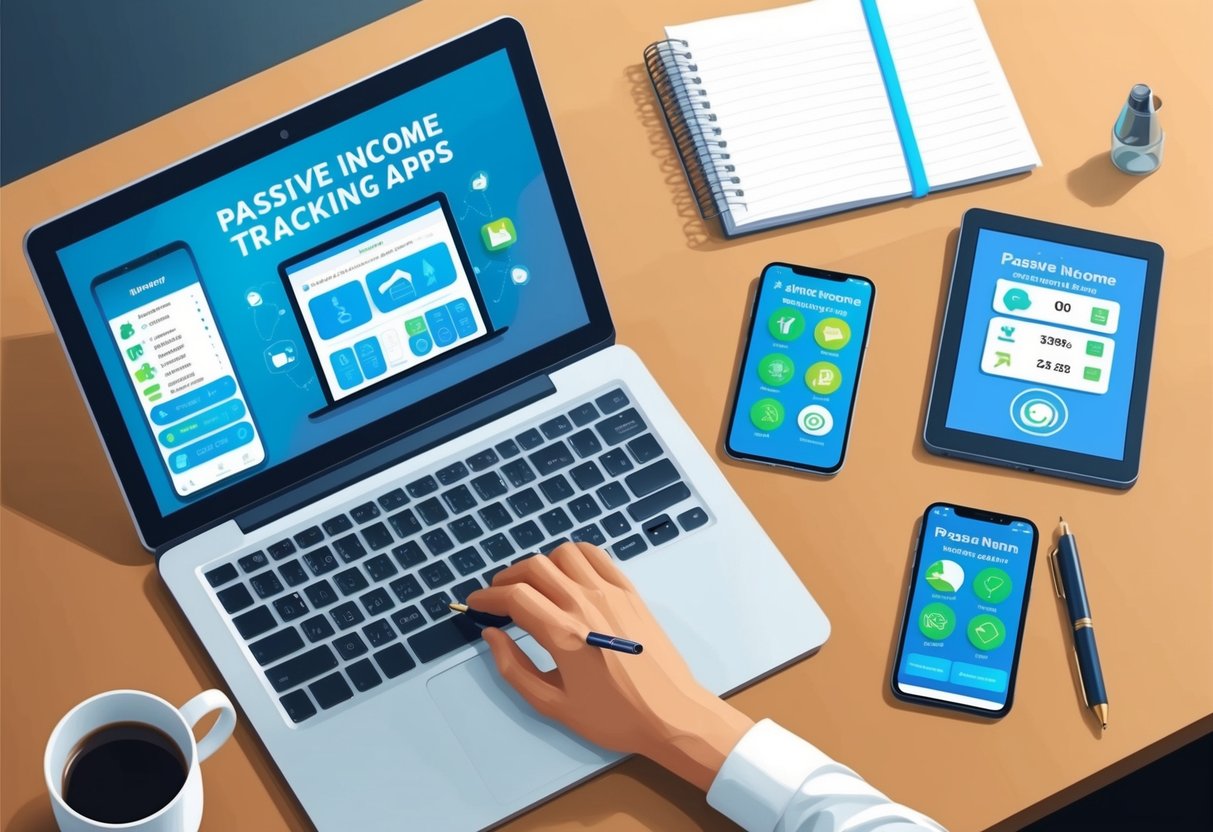 A desk with a laptop, tablet, and smartphone displaying various passive income tracking apps, alongside a notebook and pen for jotting down notes