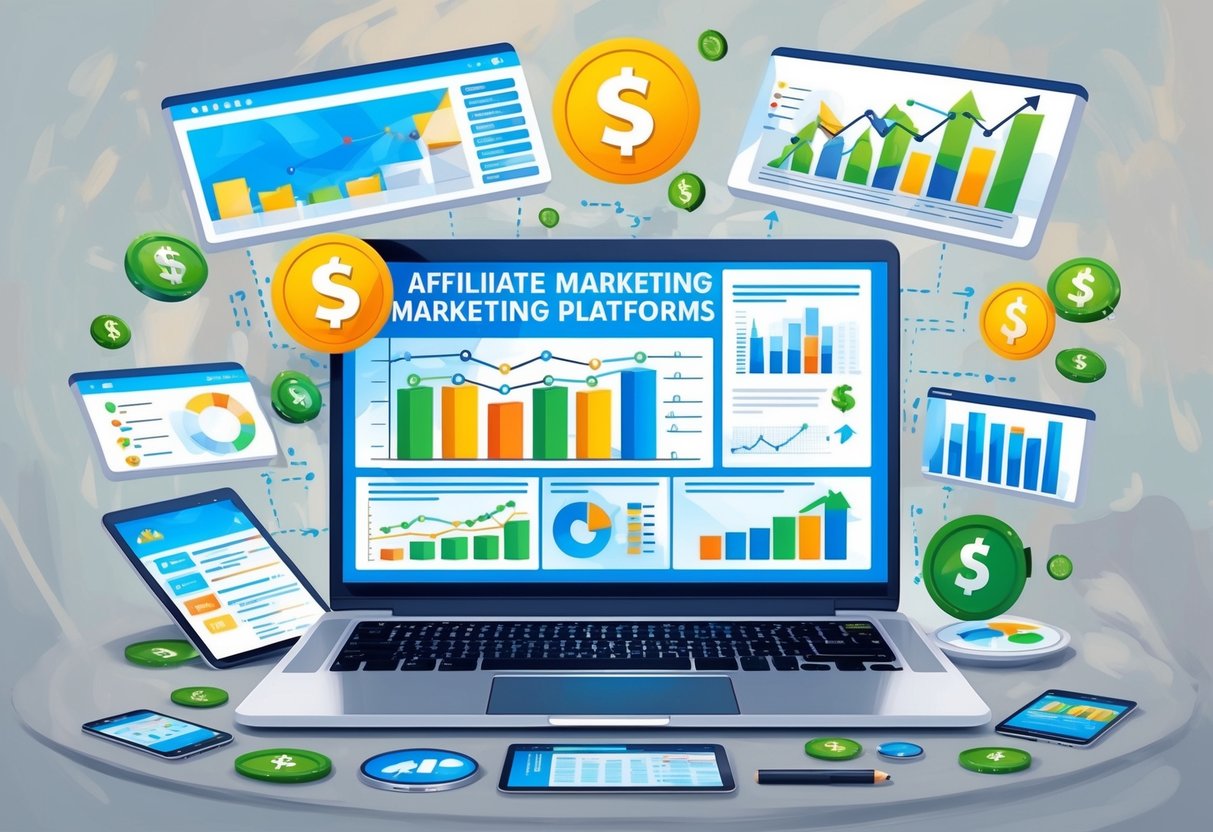 A laptop displaying various affiliate marketing platforms surrounded by growth charts and dollar signs