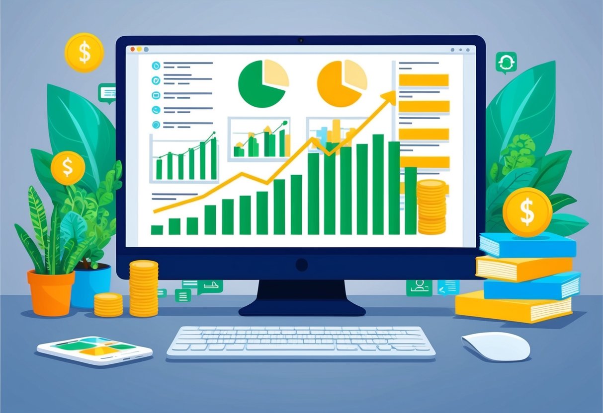A computer screen showing multiple affiliate marketing platforms with graphs and charts indicating automated income growth