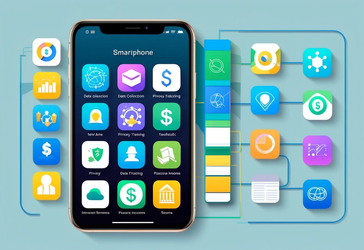 A smartphone with various app icons displaying data collection, privacy tracking, and passive income streams