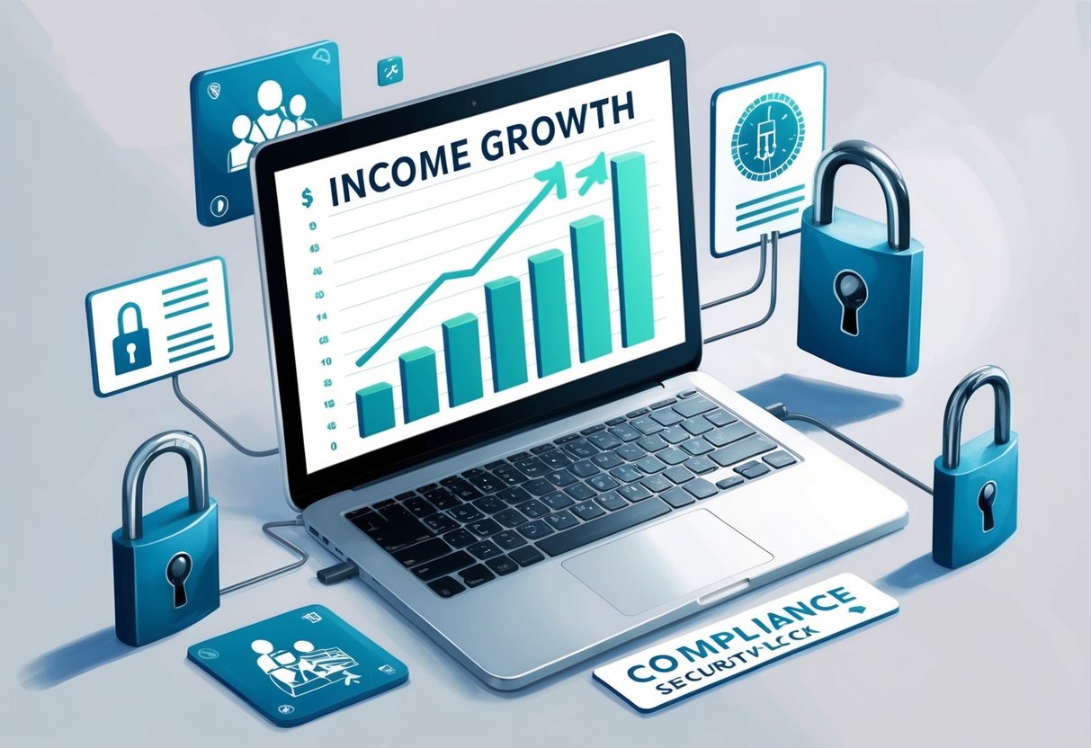 A laptop displaying a graph of income growth, surrounded by security locks and compliance symbols