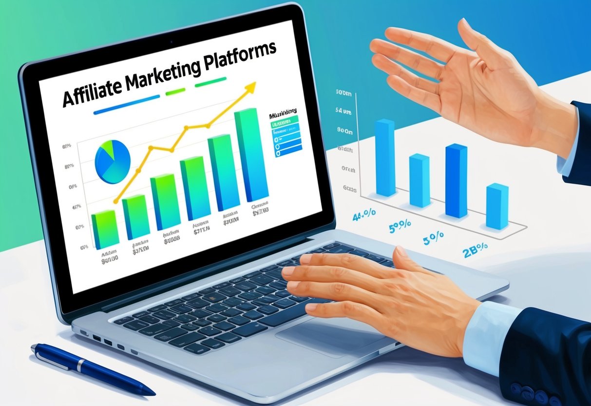 A laptop displaying affiliate marketing platforms with a graph showing income growth. A person's hand reaching out to recruit new affiliates