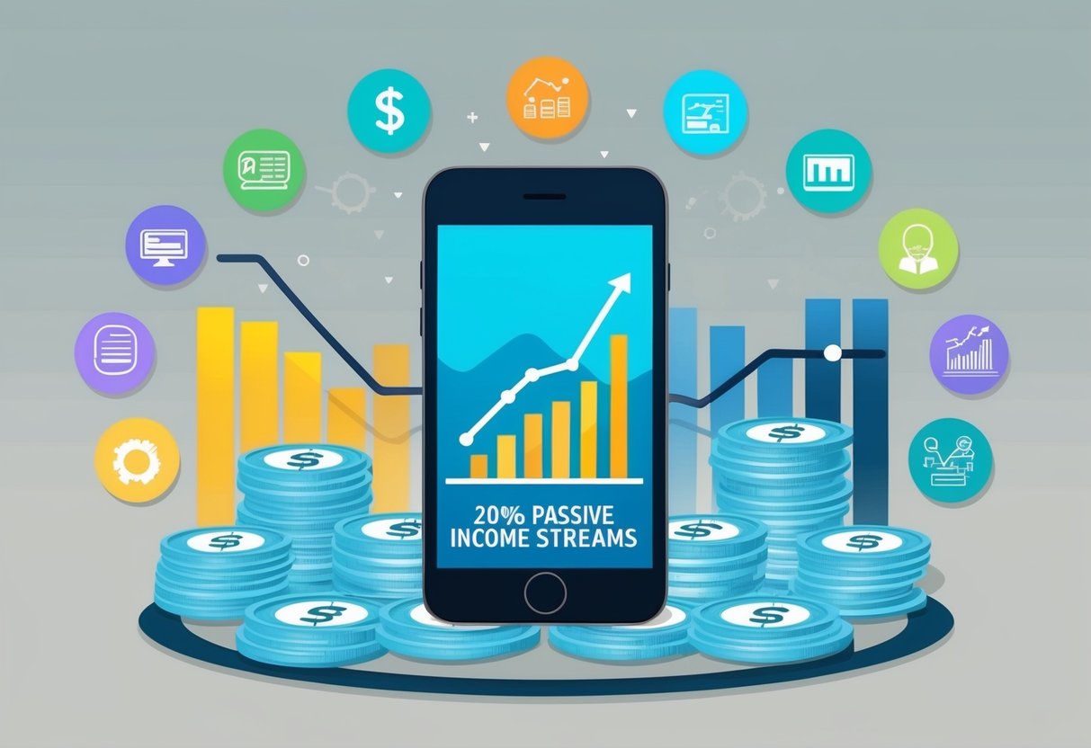A smartphone surrounded by various icons representing different passive income streams, with a graph showing earnings increasing over time