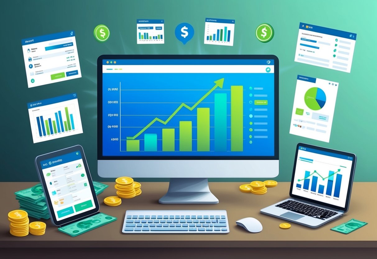 A computer screen displaying a graph of increasing income, with various affiliate marketing platforms and payout reports scattered around