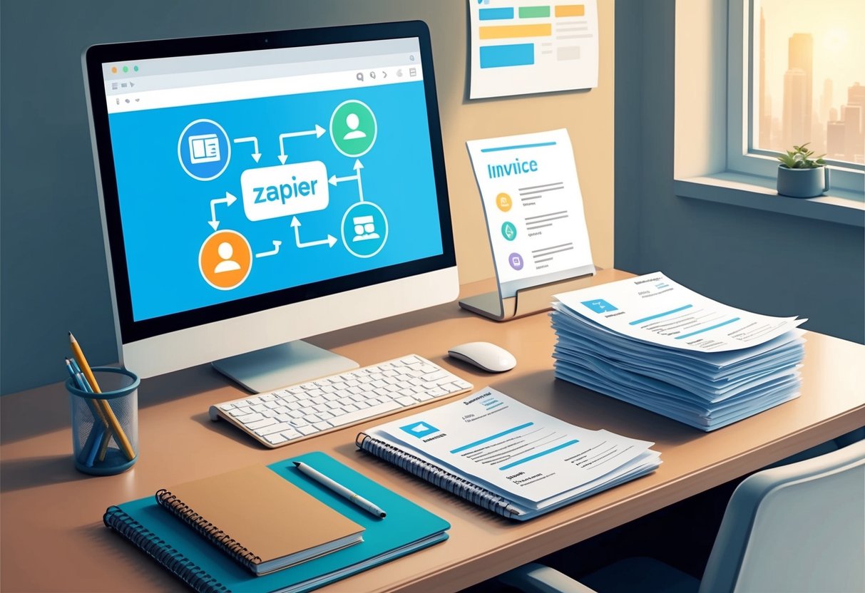A desk with a computer, phone, and notebook. Zapier logo on the screen. A flowchart of automated tasks. A stack of invoices and receipts