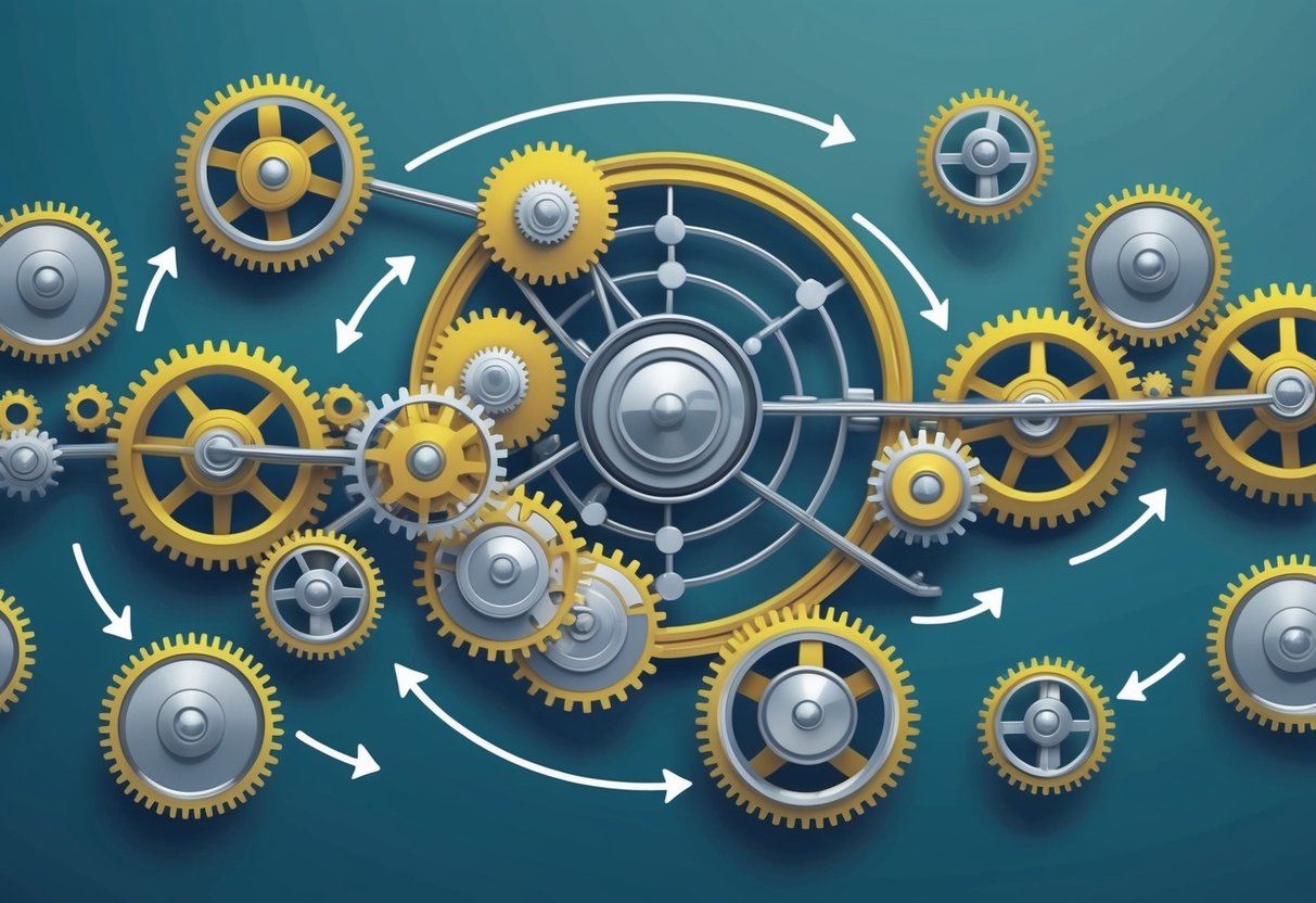 A series of interconnected gears and pulleys symbolizing workflow automation, with arrows indicating the smooth flow of tasks and data between different processes