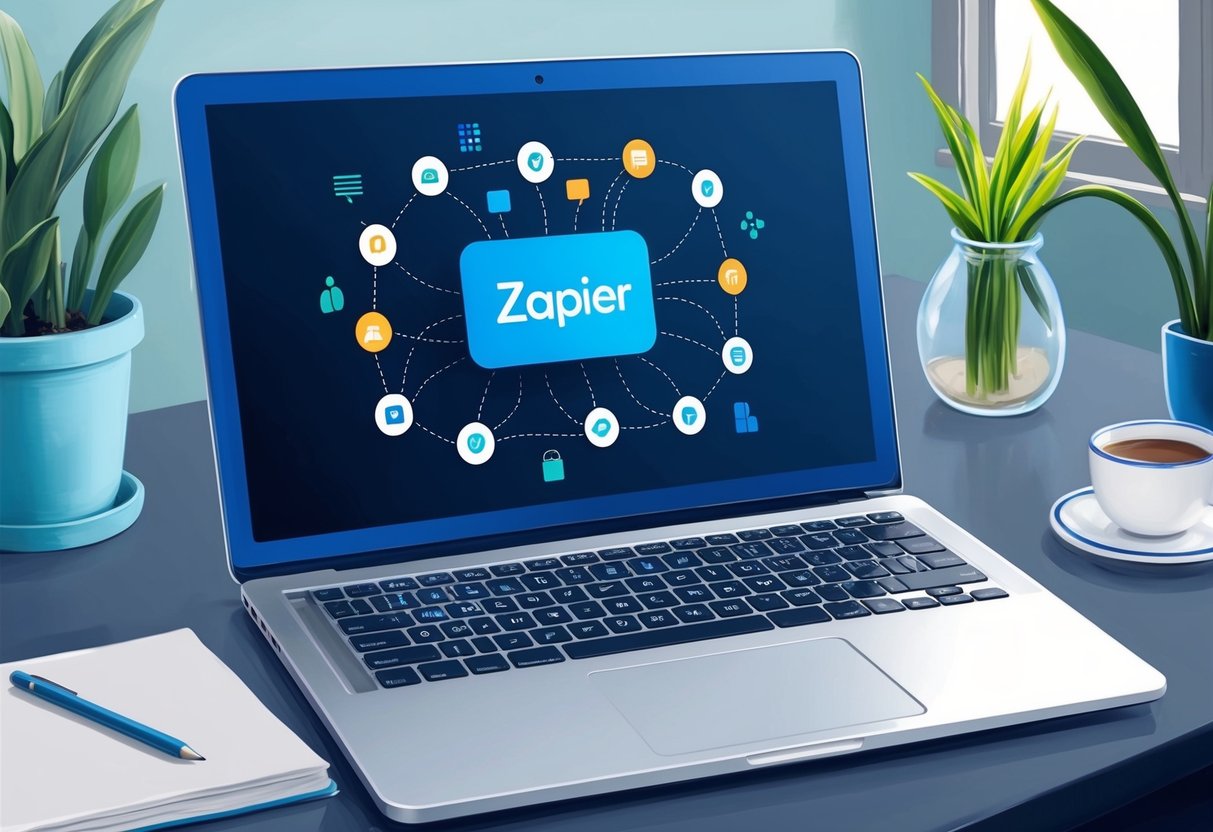 A laptop displaying a workflow automation platform like Zapier, with various interconnected icons and symbols representing different automated tasks and processes