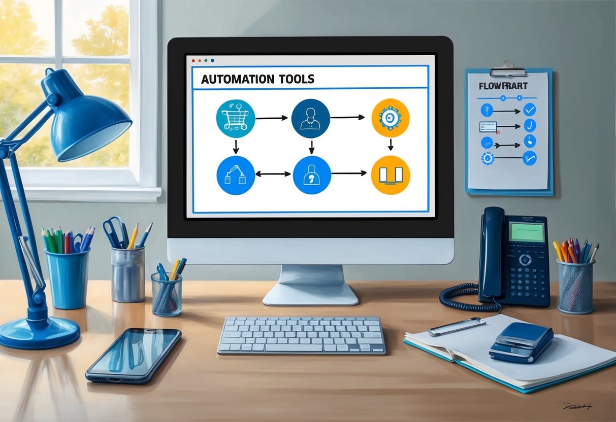 A desk with a computer, phone, and various office supplies. A flowchart on the screen shows different automation tools connecting to create a seamless workflow