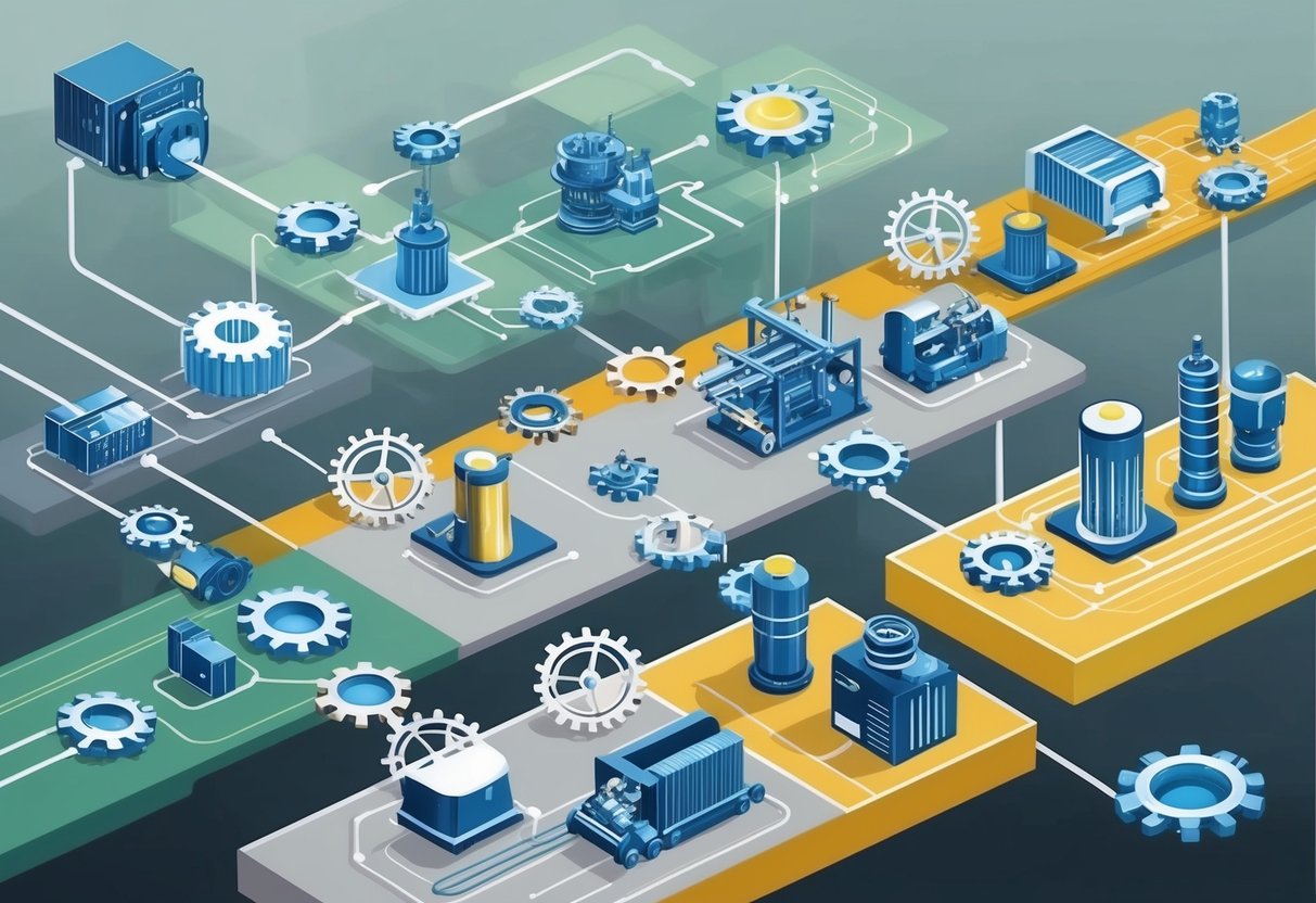 Various industry sectors connected by automated pathways, symbolized by interconnected gears and machinery