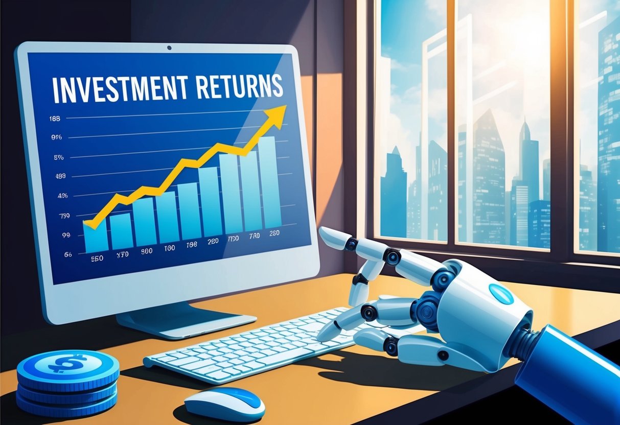 A computer screen displaying a graph of investment returns, with a robotic hand clicking a button to automate peer-to-peer lending investments
