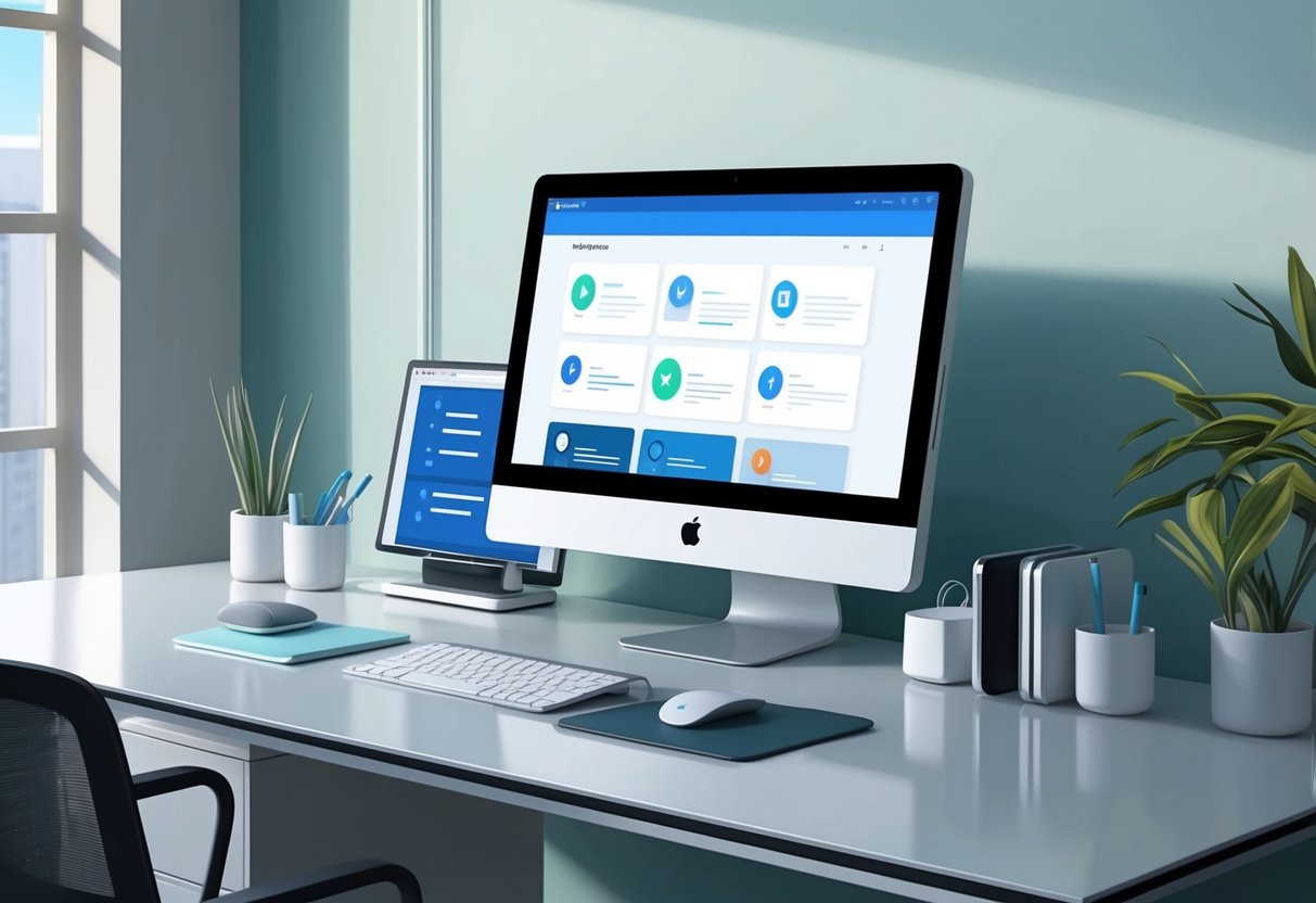 A sleek, modern office desk with a computer monitor displaying a workflow automation platform like Zapier. Cables and devices neatly organized, with a calming color scheme