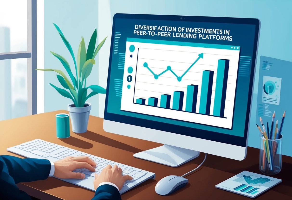 A computer screen displays a graph showing the diversification of investments in peer-to-peer lending platforms. A hand reaches for a mouse to automate the process