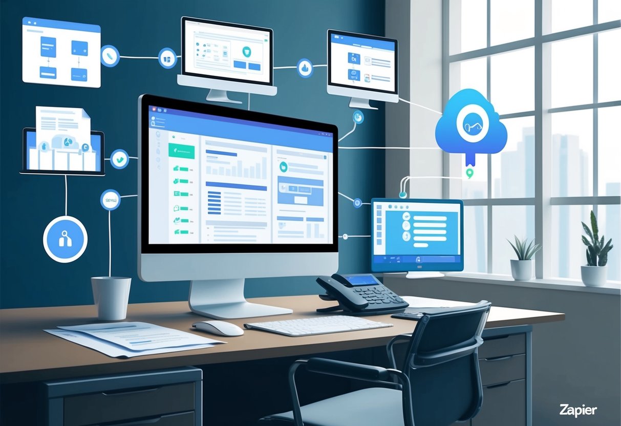 A modern office desk with a computer, phone, and paperwork, connected to various automated systems via a workflow automation platform like Zapier