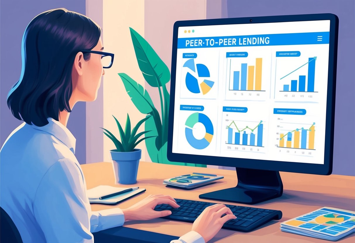 A computer screen displaying various investment options in peer-to-peer lending, with charts and graphs showing automated investment processes