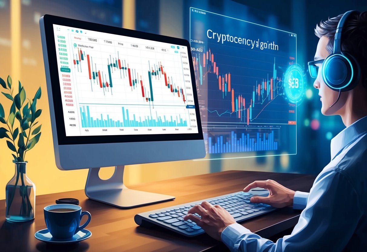 A computer screen displaying stock and cryptocurrency charts, with a trading bot algorithm running in the background, generating passive income