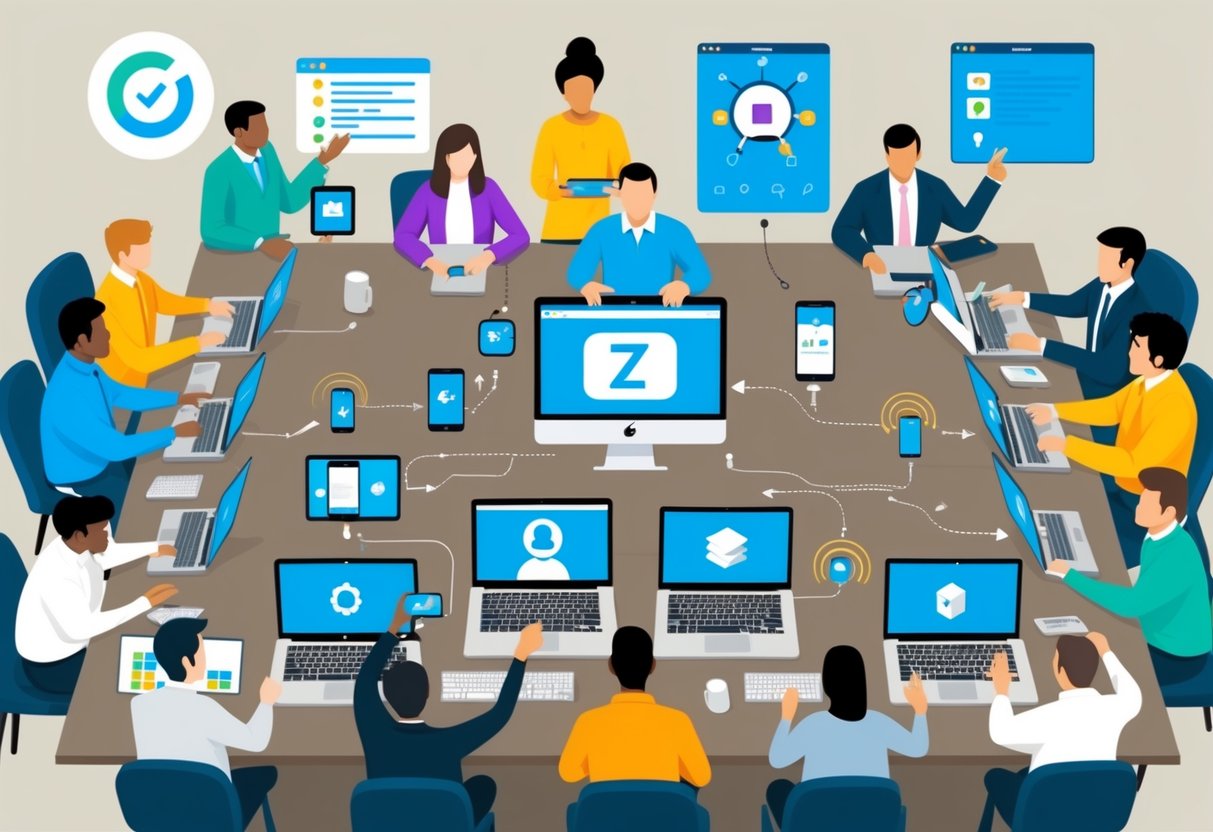 A diverse group of users engage with various devices and software, utilizing workflow automation platforms like Zapier to streamline their business processes