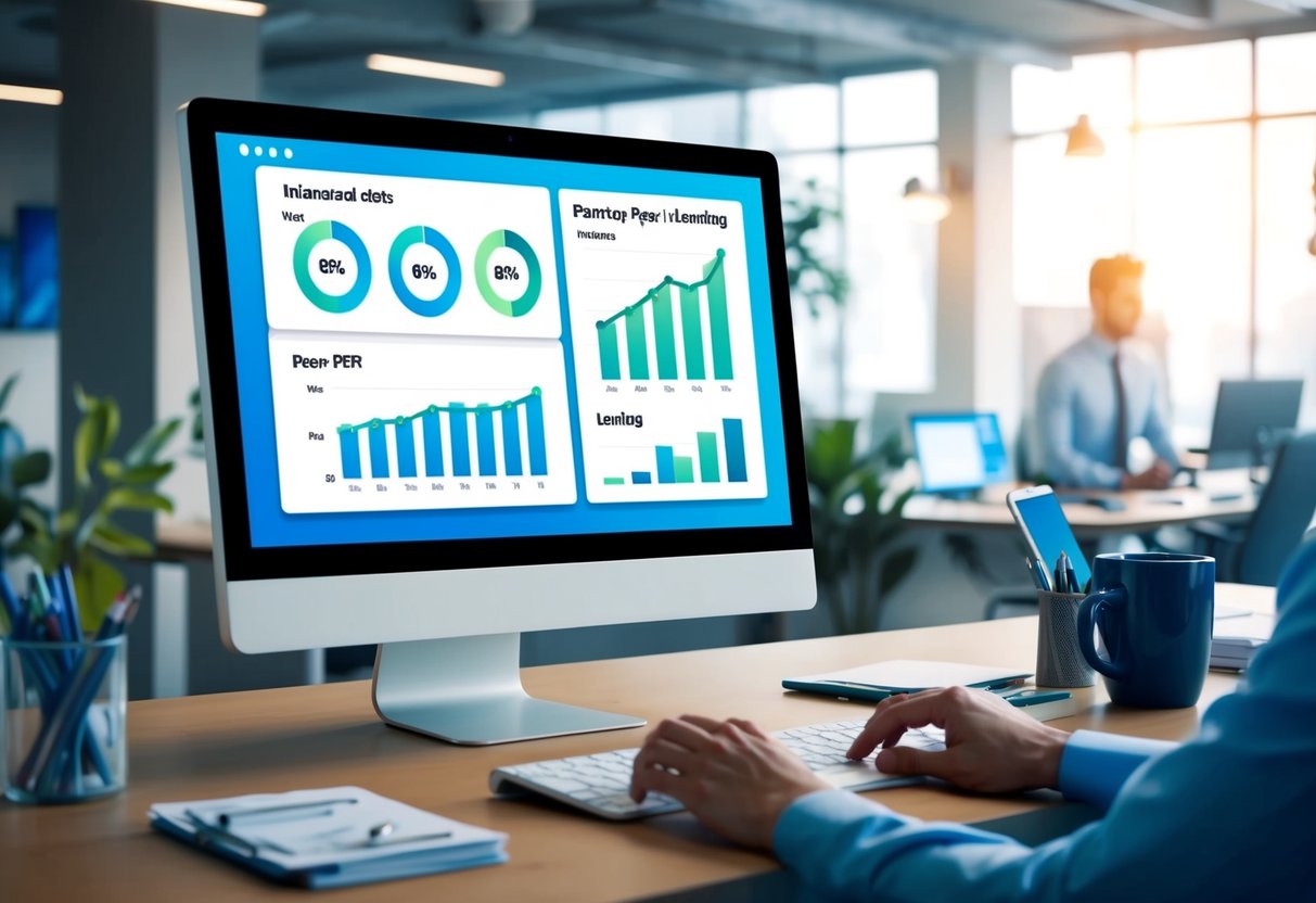A computer screen displays a dashboard with graphs and charts, showing automated peer-to-peer lending investments being set up in a modern office setting
