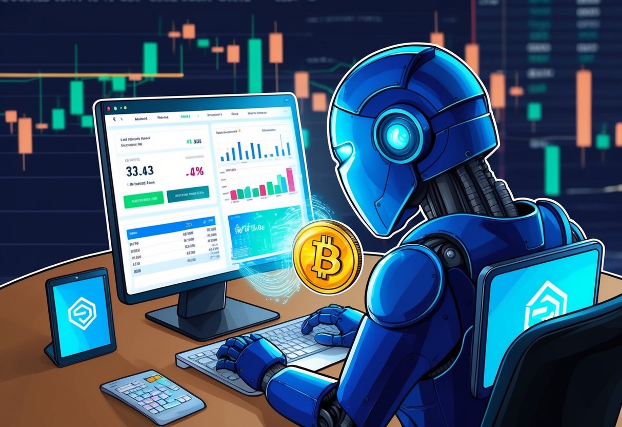 A trading bot executing buy and sell orders on a computer screen, with stock and crypto market charts in the background
