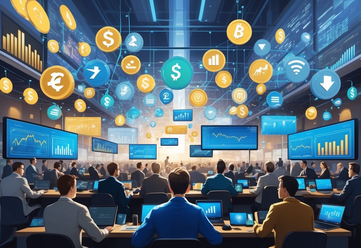 A bustling marketplace with various financial symbols and charts, showcasing the concept of secondary markets and liquidity in peer-to-peer lending investments