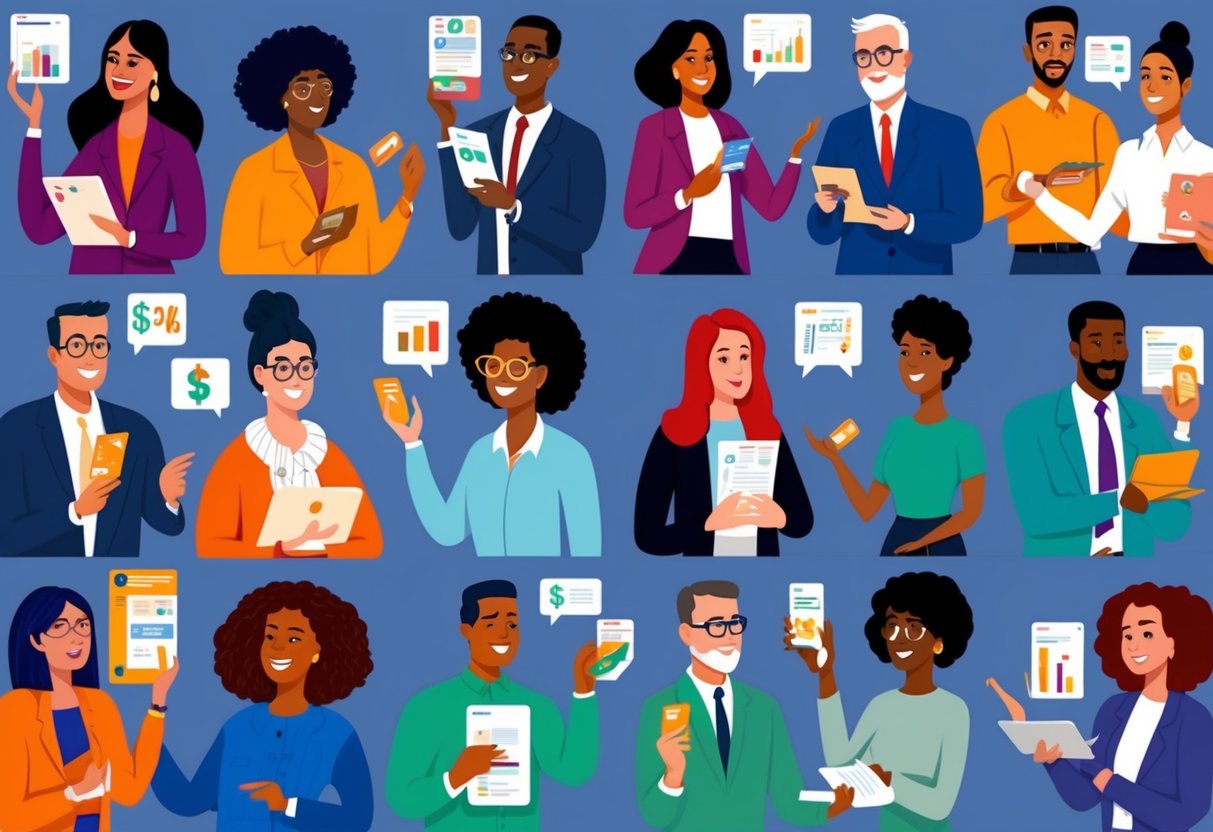 A diverse group of people of different ages and backgrounds engaging in various financial activities, such as applying for loans and making investments through a peer-to-peer lending platform