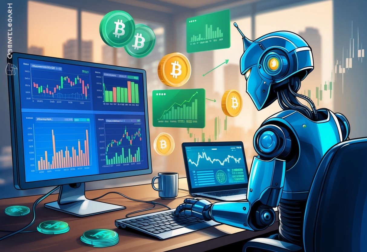 A trading bot analyzing stock and crypto data, with charts and graphs displayed on a computer screen, while a passive income grows in the background
