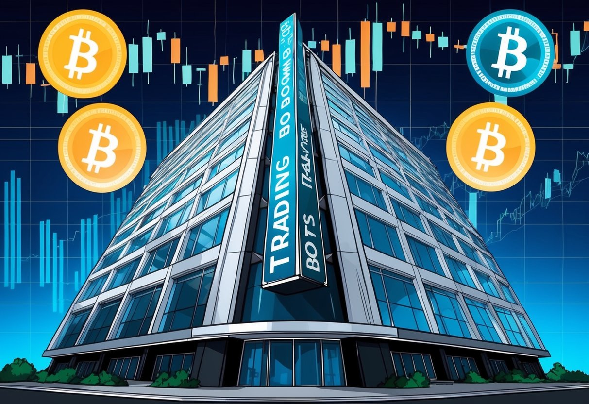 A sleek, modern building with a large "Trading Bots" sign stands tall against a backdrop of stock market charts and cryptocurrency symbols