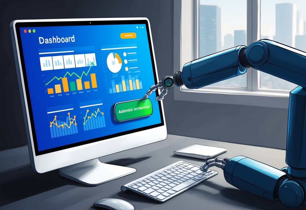 A computer screen displaying a dashboard with graphs and investment options. A robotic arm reaches for a button labeled "Automate Investments"