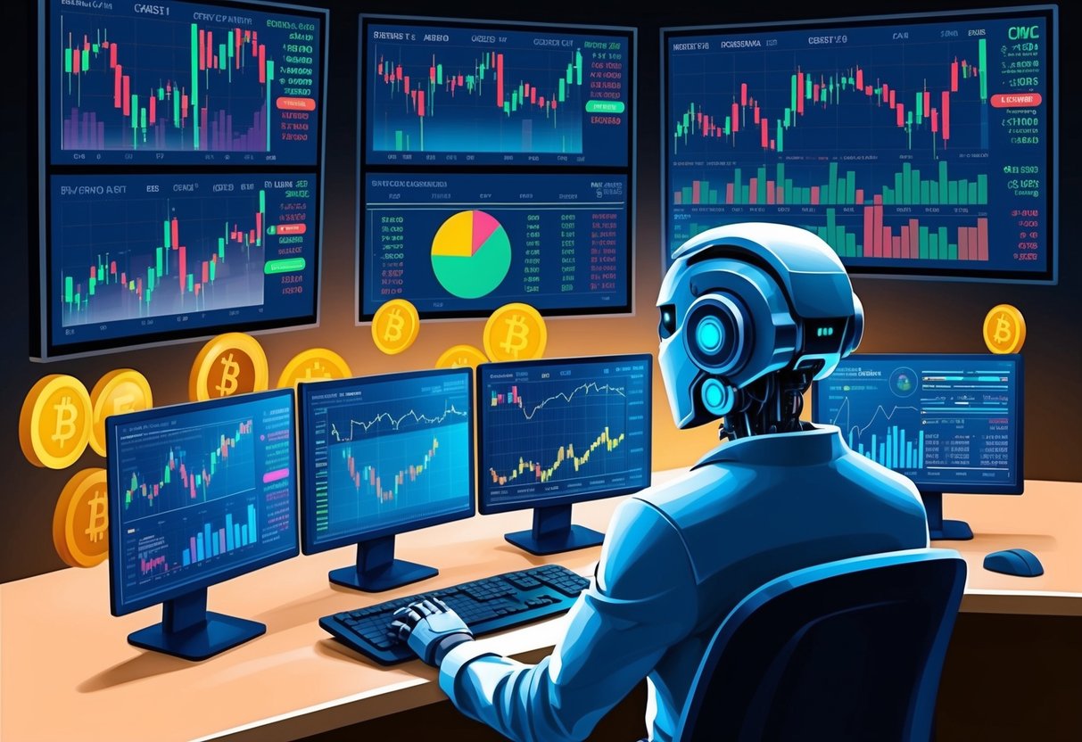 A trading bot monitoring stock and crypto charts, with multiple screens displaying market data and graphs, while algorithms analyze and execute trades