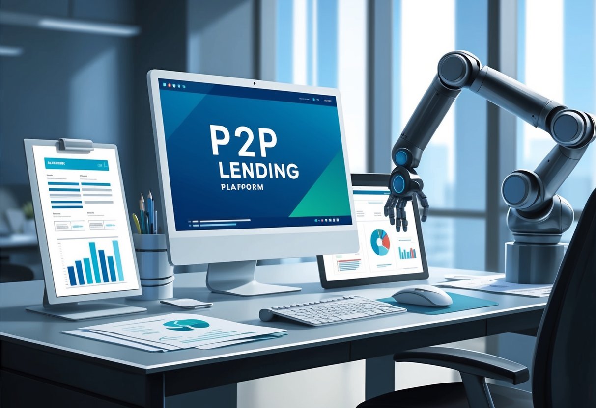 A modern, sleek office desk with a computer screen displaying P2P lending platform, alongside traditional investment documents and a robotic arm managing P2P lending investments