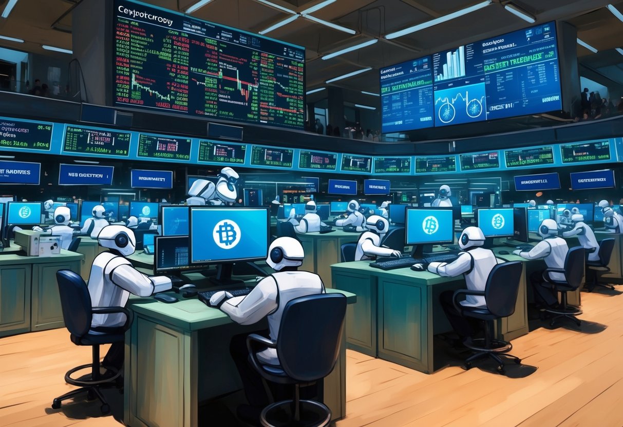 A bustling stock exchange floor with trading bots executing orders, while a computer screen displays cryptocurrency market data