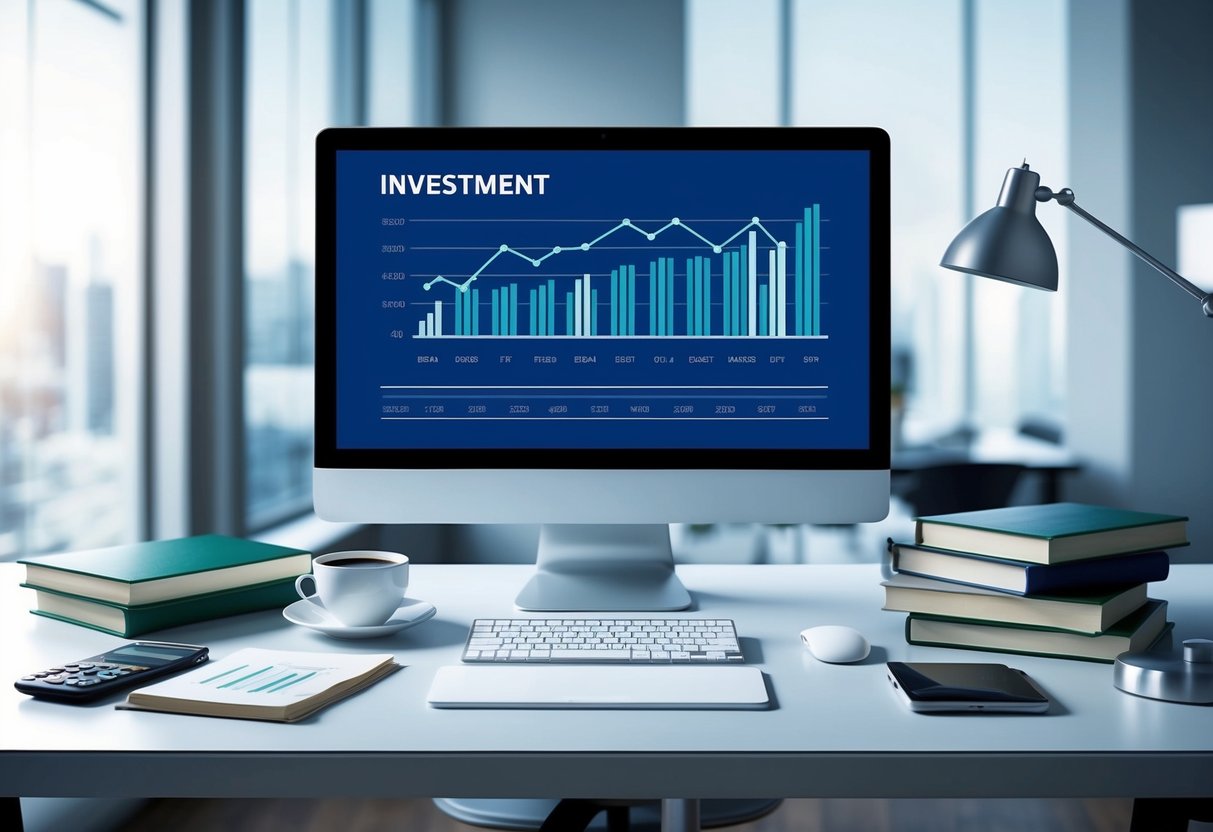 A sleek, modern office desk with a computer screen displaying investment graphs, surrounded by financial books and a cup of coffee
