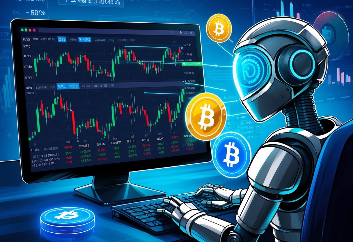 A trading bot analyzing stock and crypto charts, with various indicators and data points displayed on a computer screen