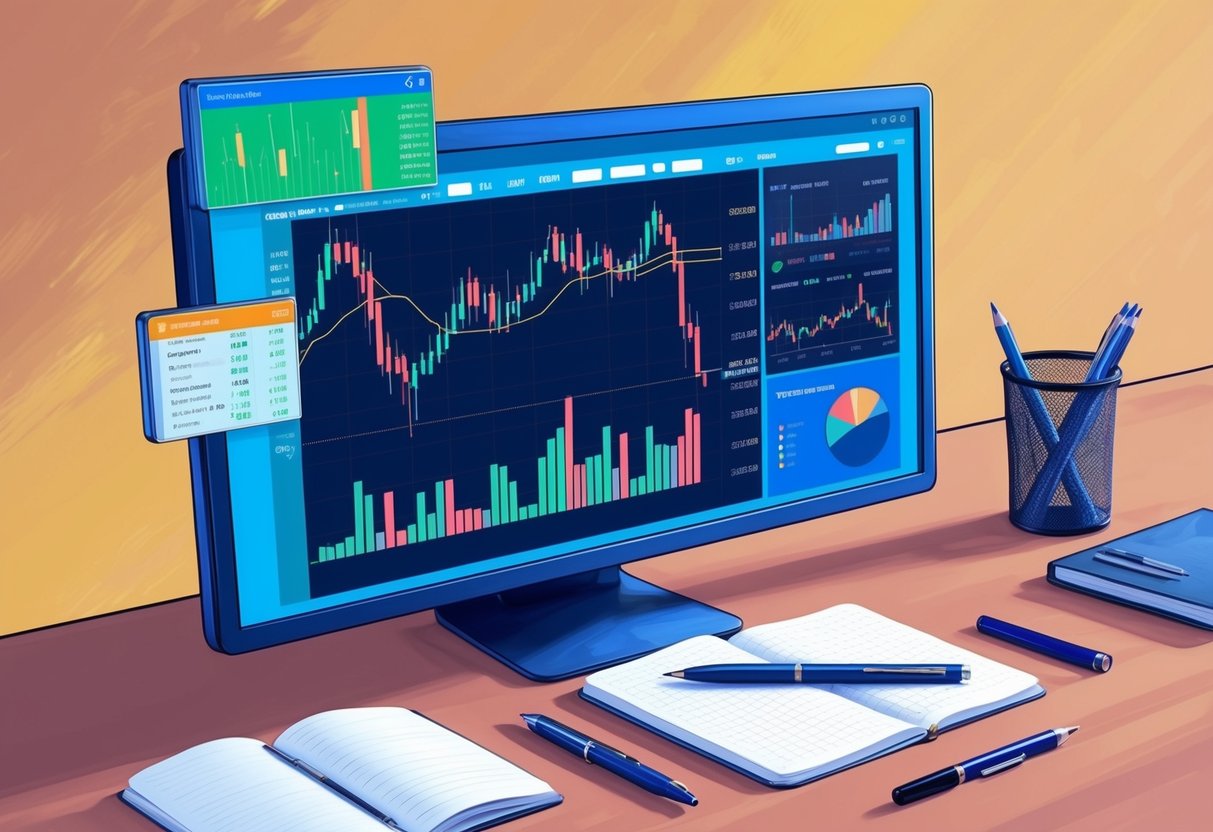 A computer screen displaying a trading bot interface with stock and crypto charts, alongside a notebook and pen for making adjustments